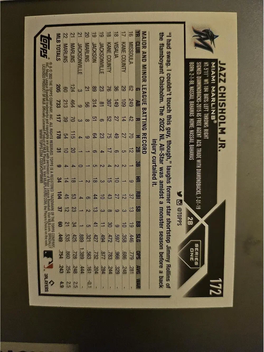 2023 Topps Series 1 Jazz Chisholm Jr. #172 Miami Marlins